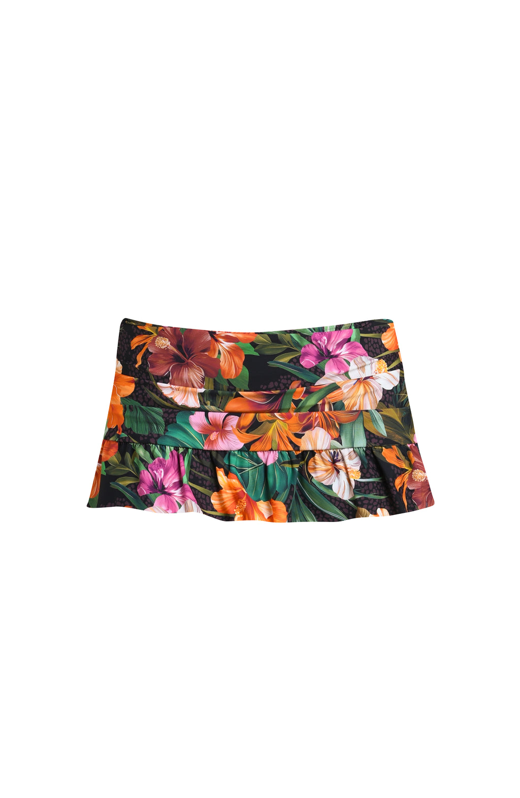 Floating image of a multicolored tropical printed swim skirt with a ruched waistband and a flared ruffle hem. 