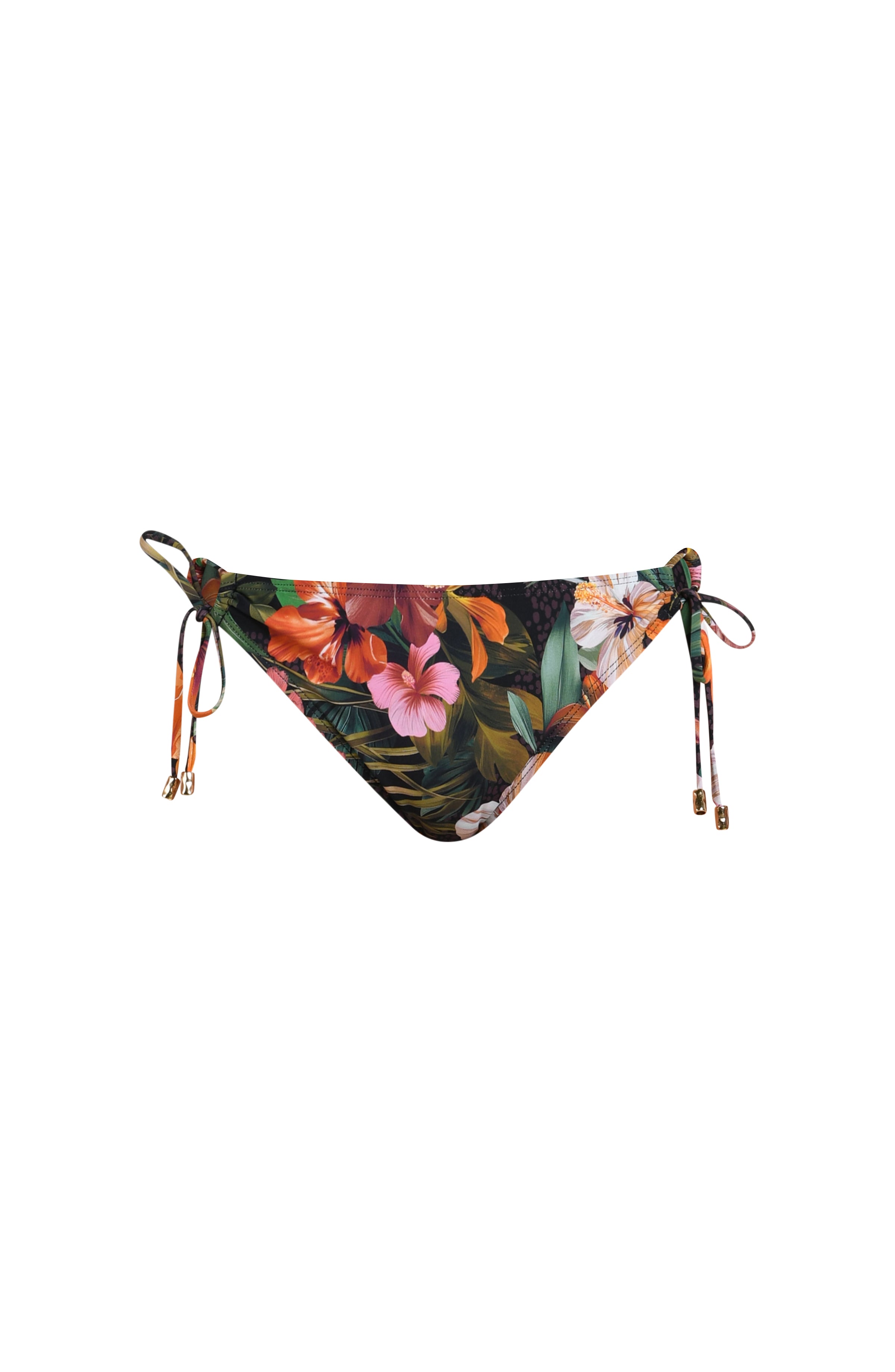 Floating image of a multicolored tropical printed hipster bikini bottoms with adjustable side ties accented with gold tips.