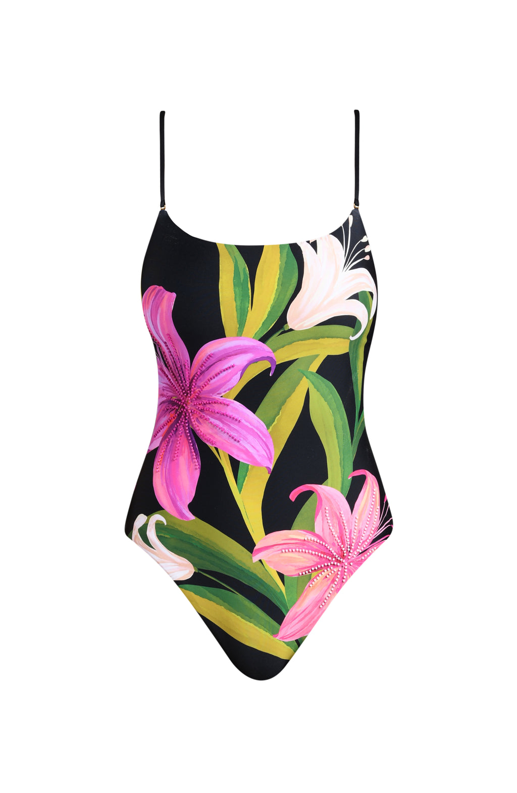 One-piece swimsuit with floral and leaf pattern on a white background