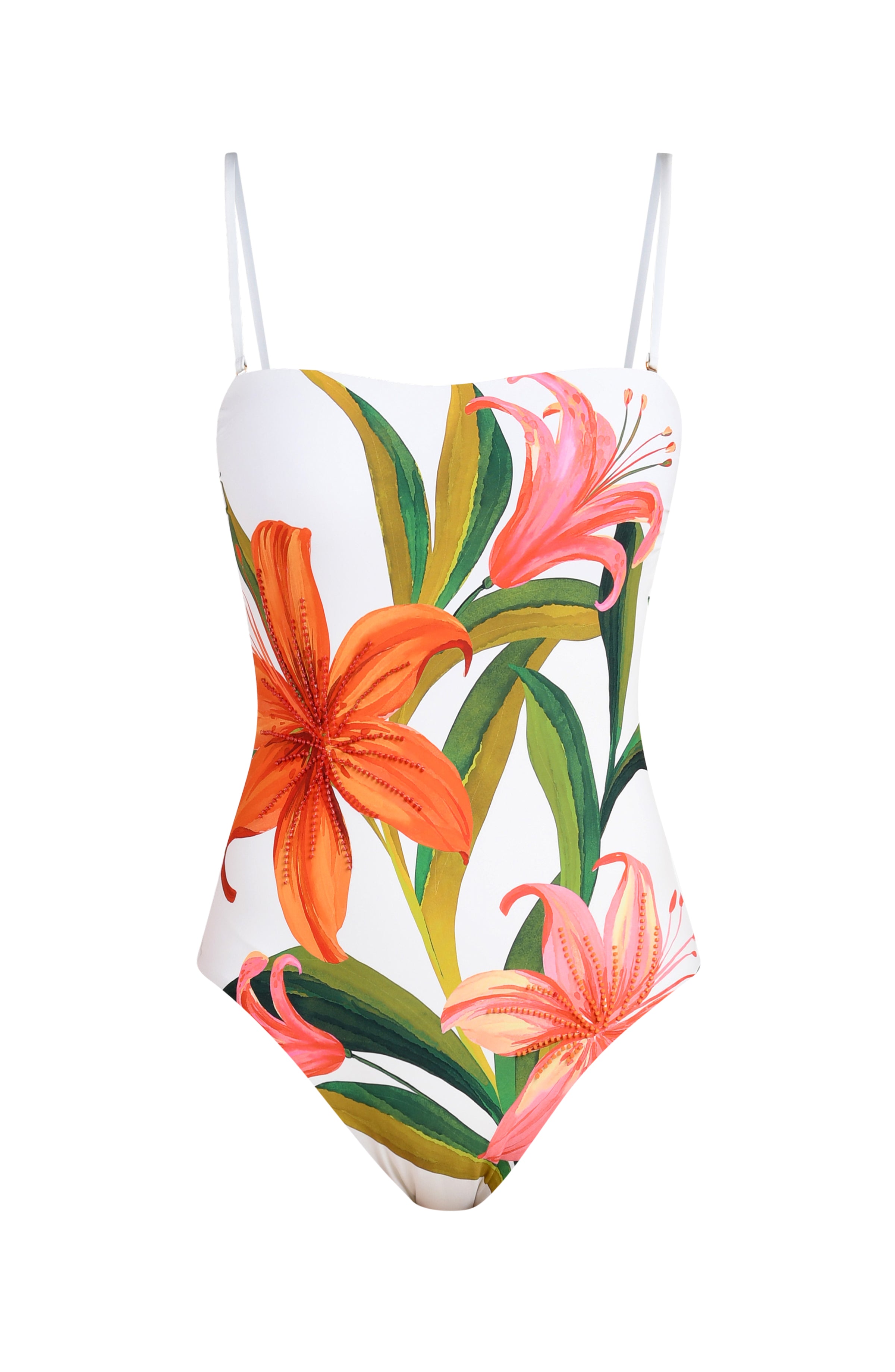 floral one piece bandeau swimsuit on a white background