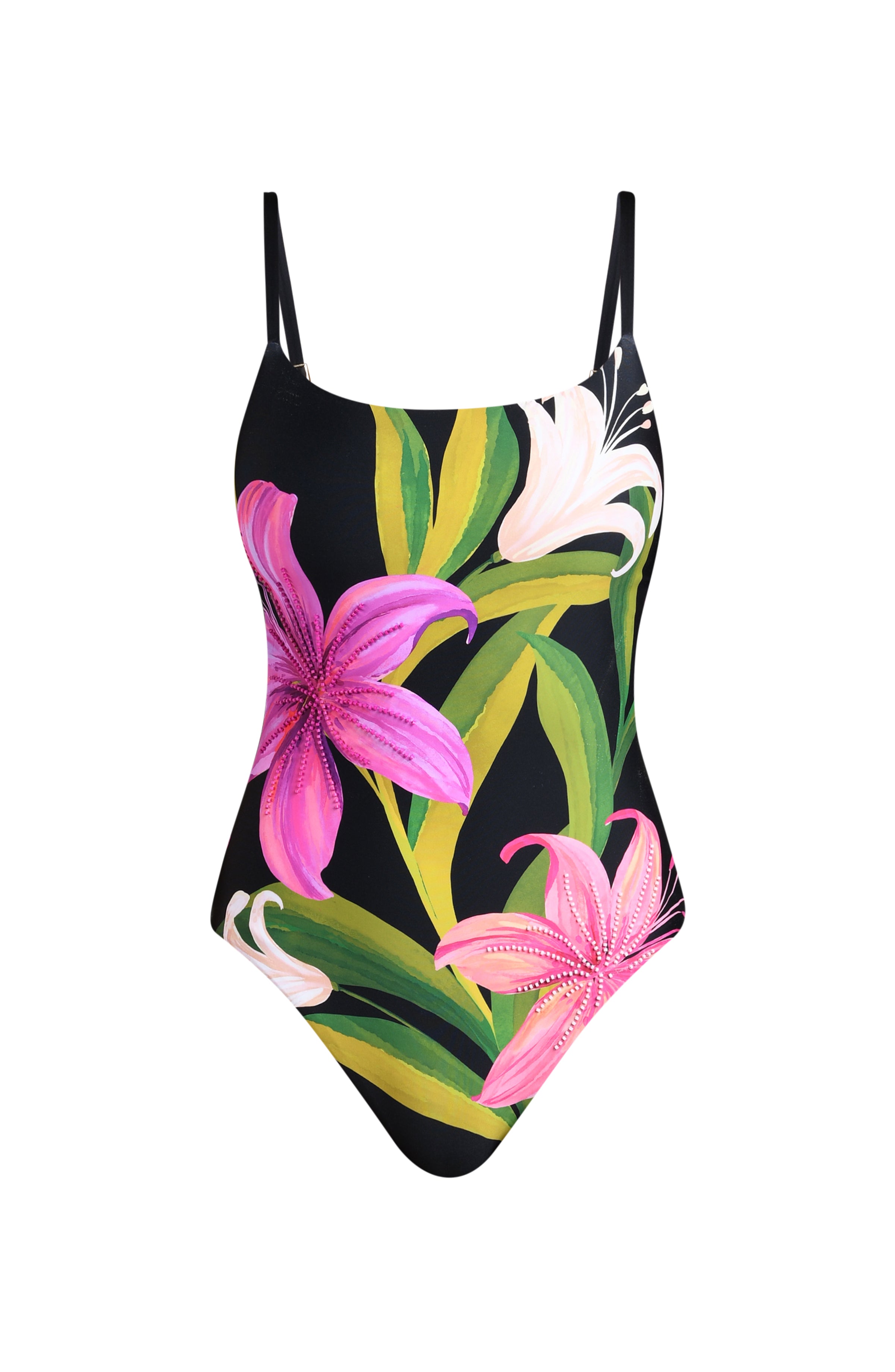 One-piece swimsuit with floral design on a black background