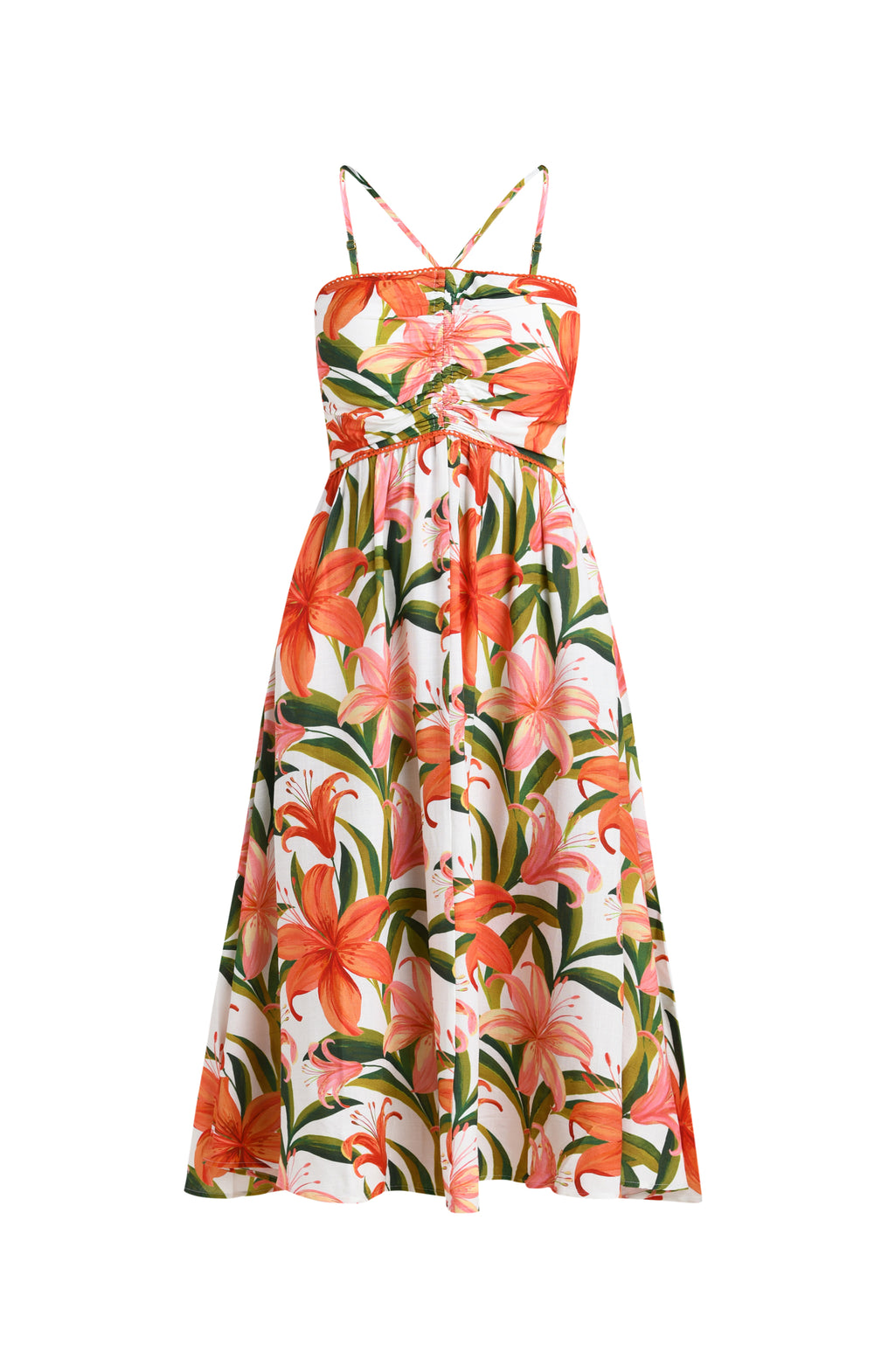 Woman wearing a floral cover-up dress on a white background