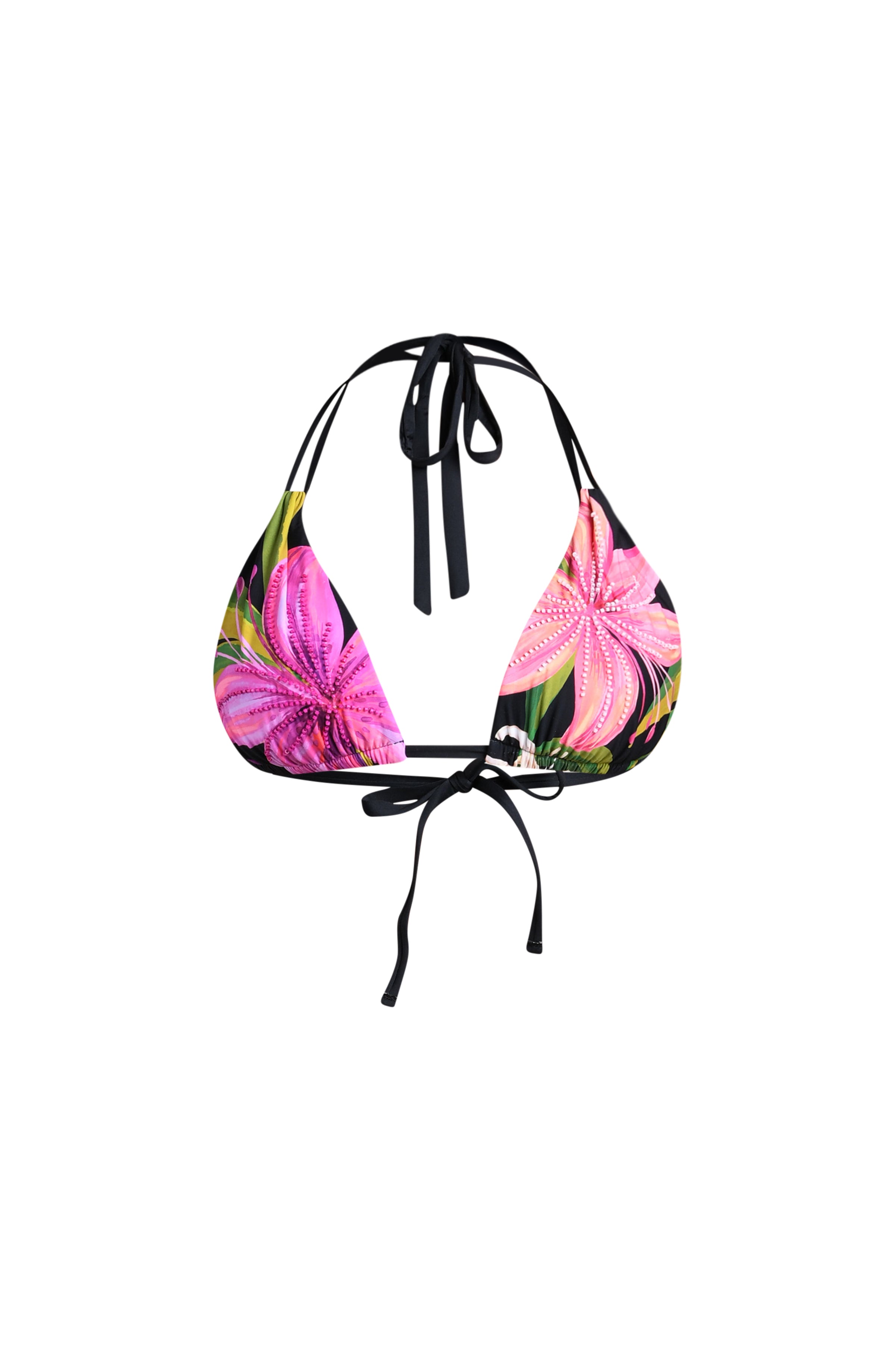 Colorful floral bikini top against a white background. 