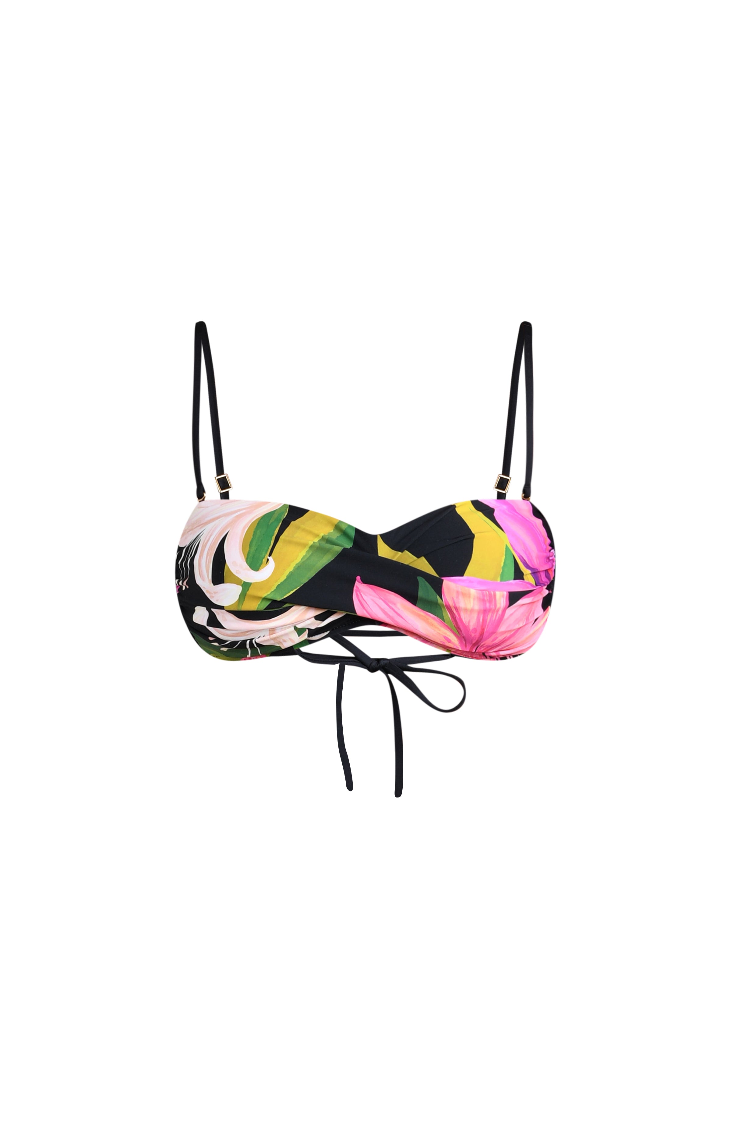 Colorful floral bandeau bikini top against a white background. 