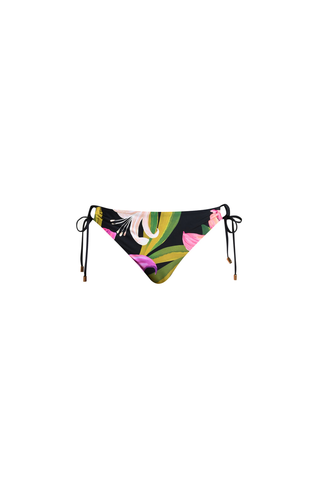 Colorful tropical leaf-patterned bikini bottom on a white background