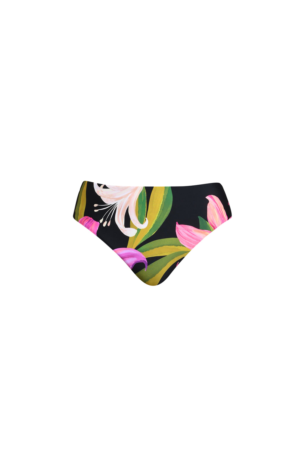 Colorful floral bandeau bikini top against a white background. 