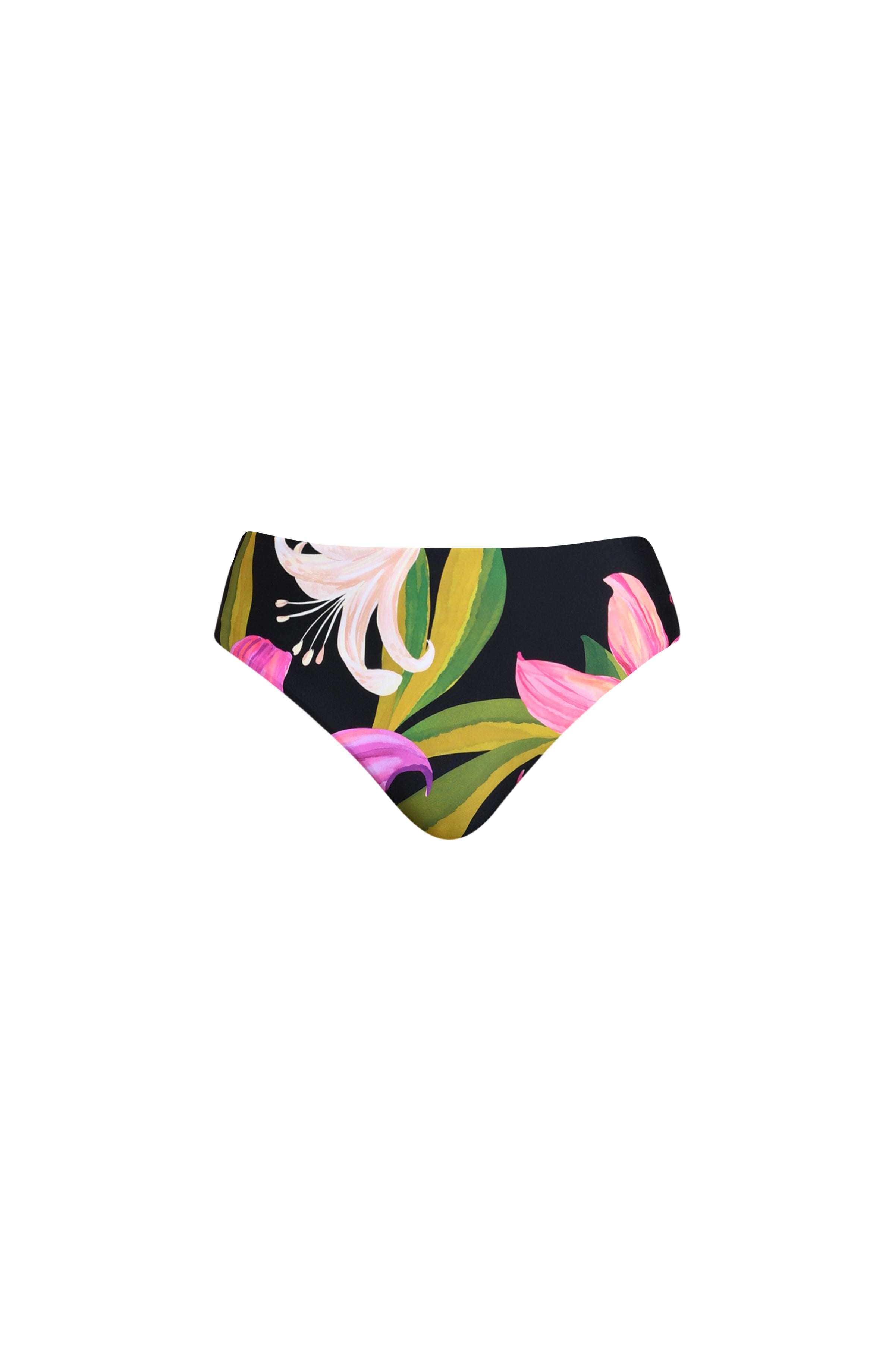 Colorful floral bandeau bikini top against a white background. 