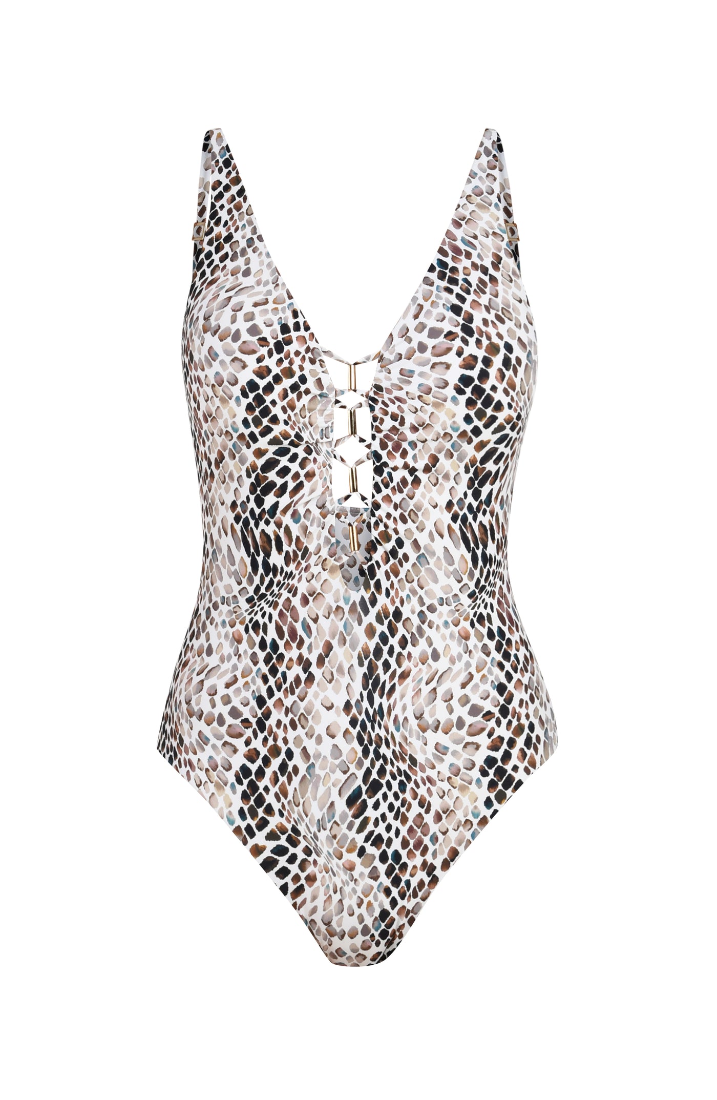 
                  
                    Floating image of a one-piece swimsuit with a low scoop back and moderate rear coverage, in a taupe colored animal print. 
                  
                