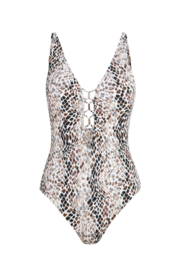 Floating image of a one-piece swimsuit with a low scoop back and moderate rear coverage, in a taupe colored animal print. 