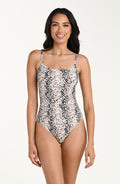 Front image of model wearing a one-piece swimsuit with thin over the shoulder straps, a scoop neckline, and an allover taupe colored animal print.