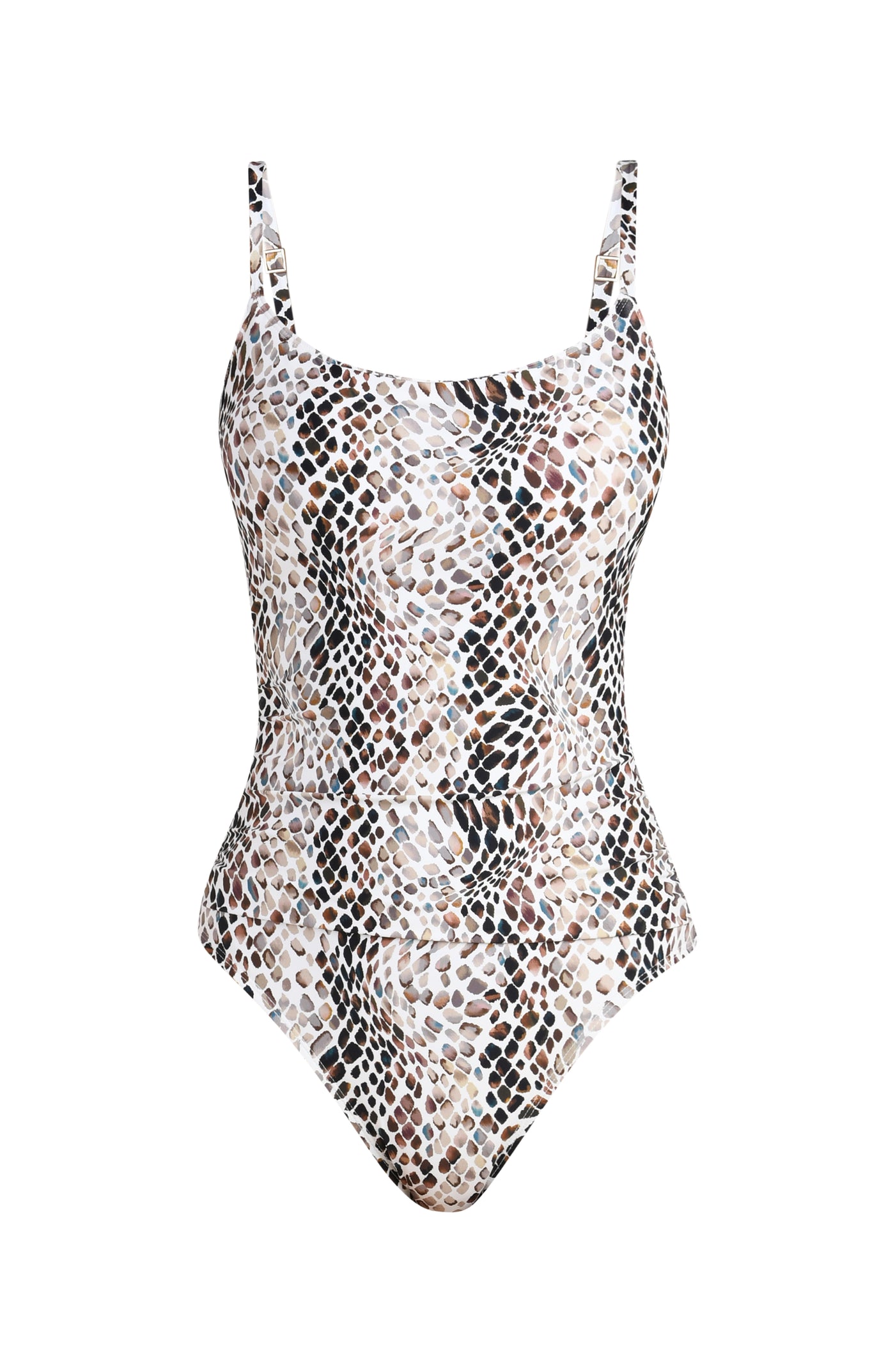 
                  
                    Floating image of a one-piece swimsuit with thin over the shoulder straps, a scoop neckline, and an allover taupe colored animal print.
                  
                