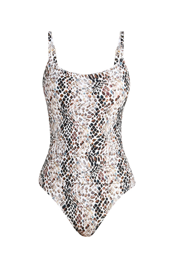 Floating image of a one-piece swimsuit with thin over the shoulder straps, a scoop neckline, and an allover taupe colored animal print.