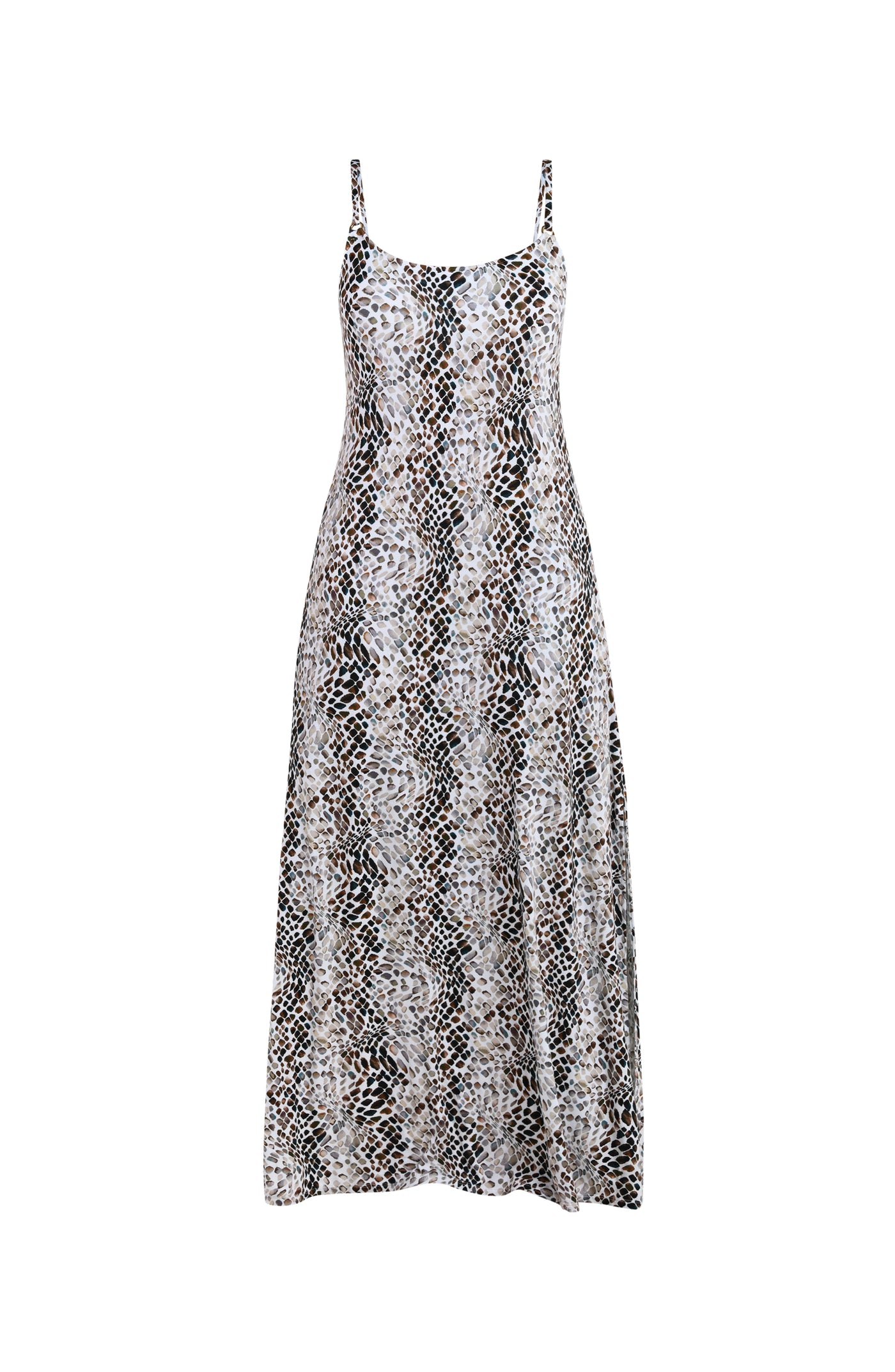 
                  
                    Floating front image of a sleeveless maxi cover-up dress with thin over the shoulder straps, pockets, and an allover taupe colored animal print.
                  
                