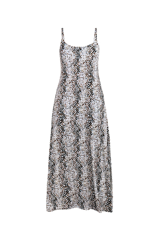 Floating front image of a sleeveless maxi cover-up dress with thin over the shoulder straps, pockets, and an allover taupe colored animal print.