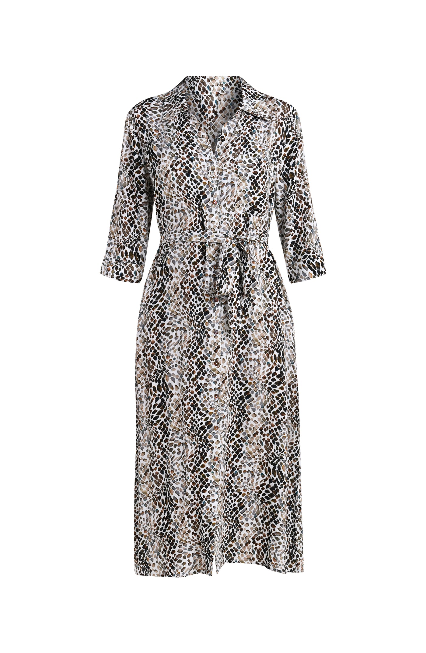 
                  
                    Floating image of a midi-length cover-up dress featuring a taupe colored animal print with three-quarter sleeves, a V-neckline, and a waist tie belt.
                  
                