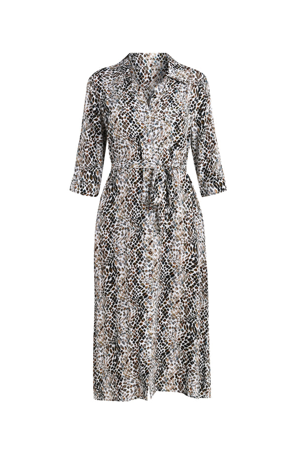 Floating image of a midi-length cover-up dress featuring a taupe colored animal print with three-quarter sleeves, a V-neckline, and a waist tie belt.