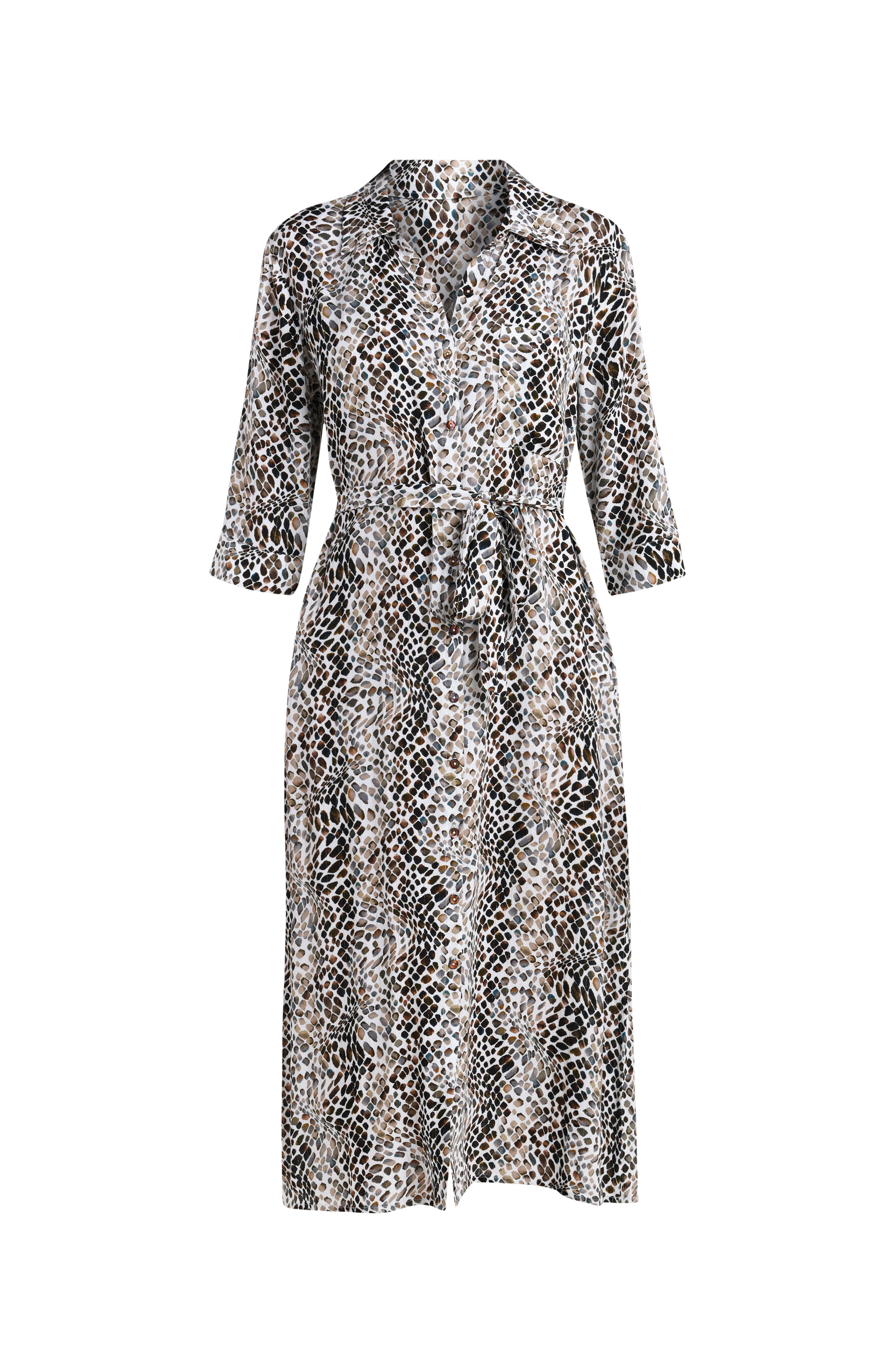 Floating image of a midi-length cover-up dress featuring a taupe colored animal print with three-quarter sleeves, a V-neckline, and a waist tie belt.
