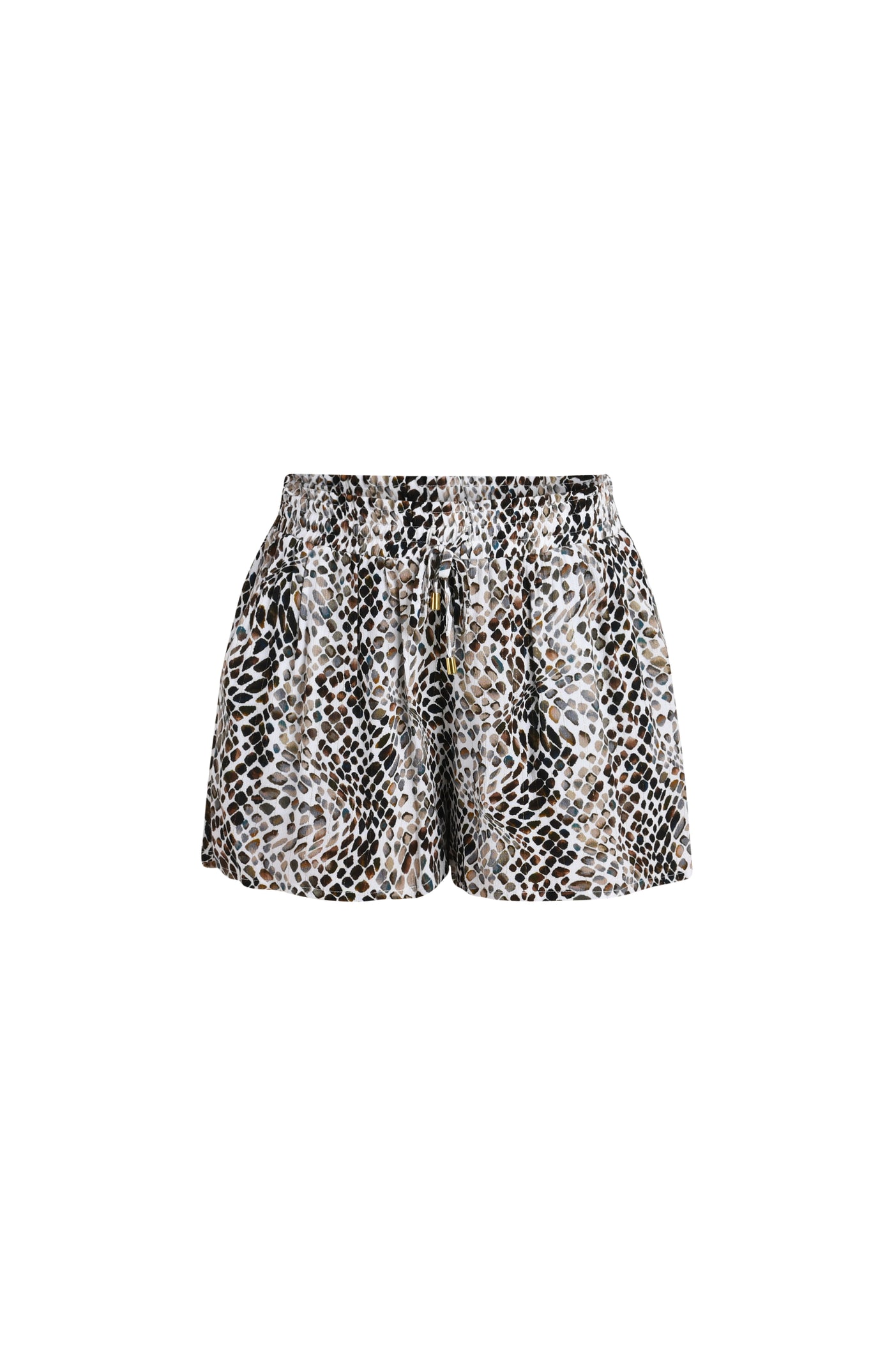 
                  
                    Floating image of lightweight beach shorts with a black, white, and brown animal print pattern and an elastic drawstring waistband.
                  
                