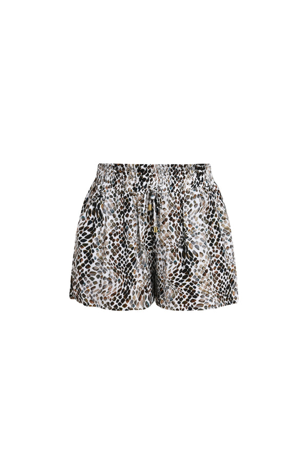 Floating image of lightweight beach shorts with a black, white, and brown animal print pattern and an elastic drawstring waistband.