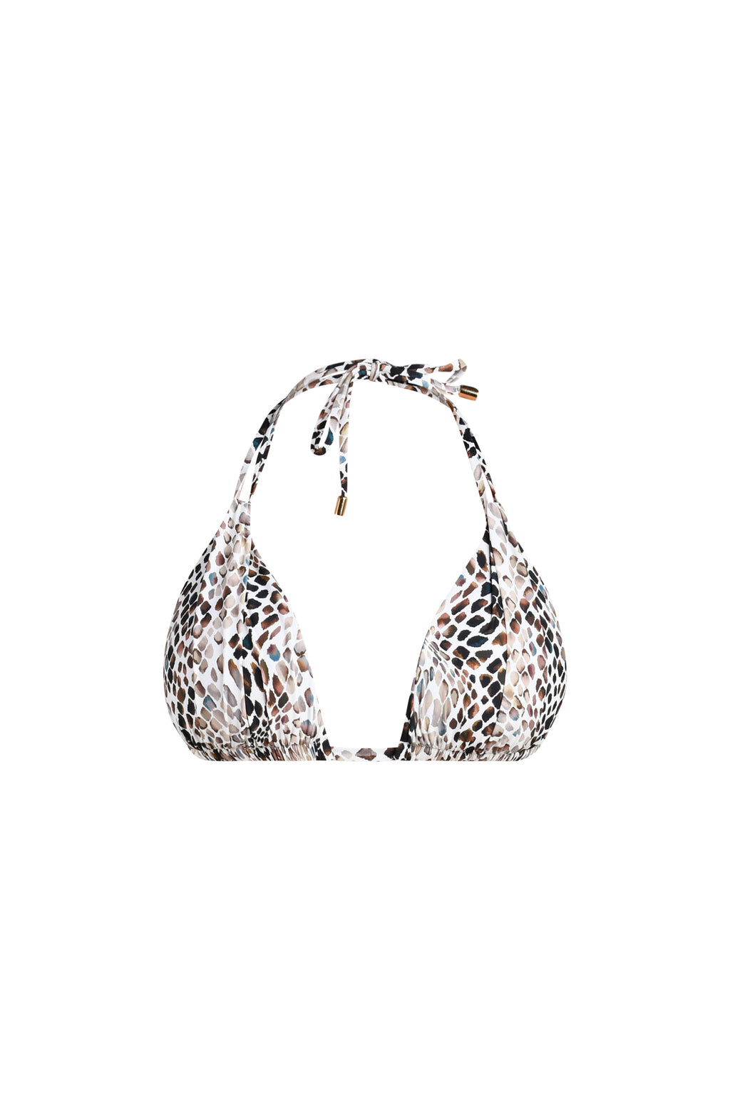 Floating image of a halter bikini top featured in animal print.