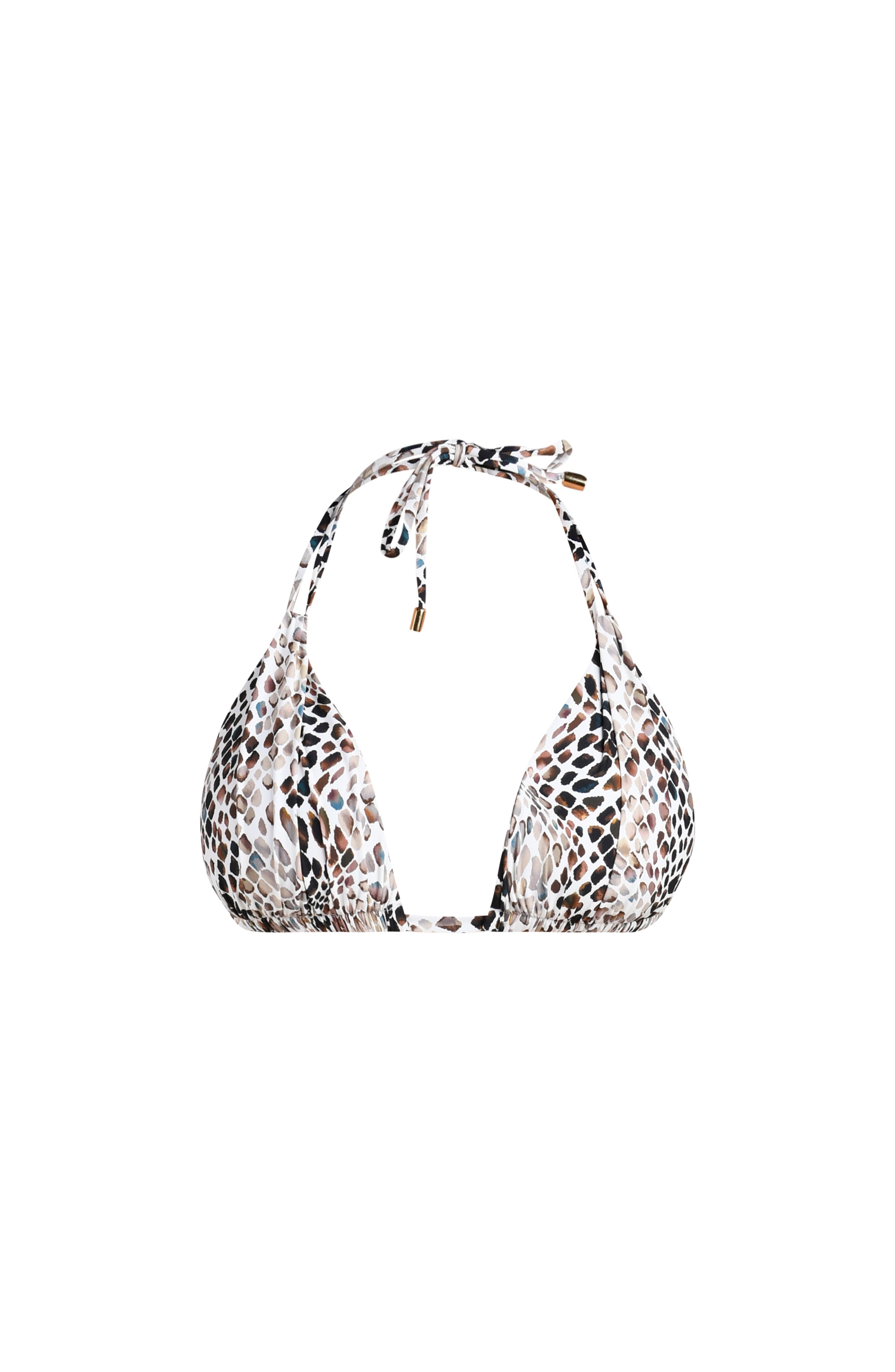 Floating image of a halter bikini top featured in animal print.
