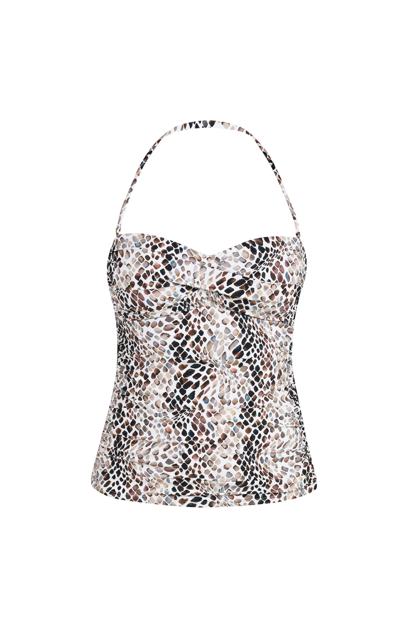 
                  
                    Floating image of a bandeau-style one-piece swimsuit with a removable halter strap in a multicolor animal print pattern.
                  
                