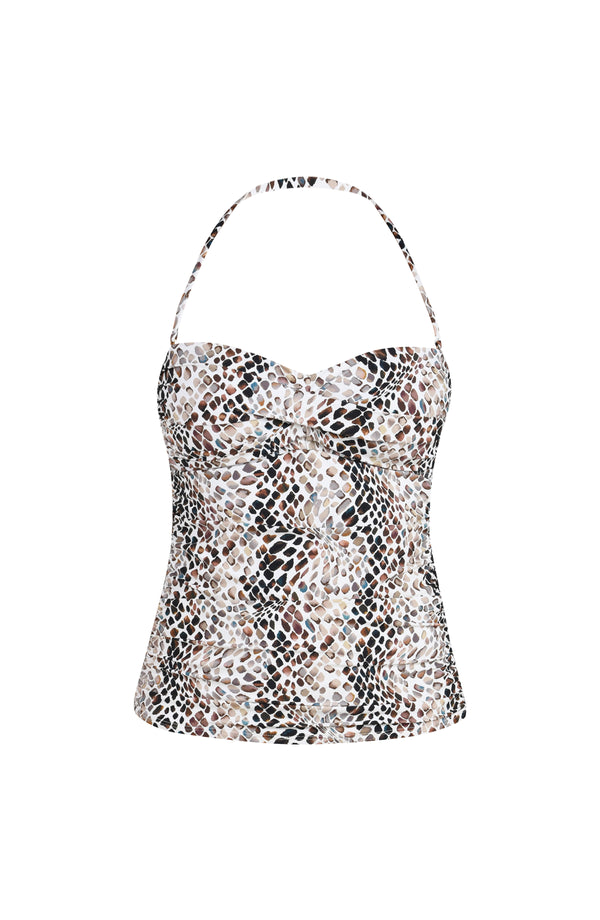 Floating image of a bandeau-style one-piece swimsuit with a removable halter strap in a multicolor animal print pattern.