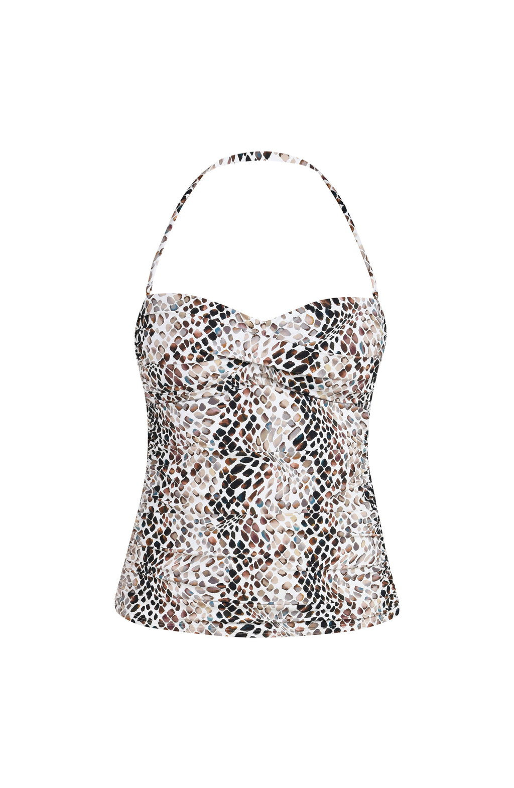 Floating image of a bandeau-style one-piece swimsuit with a removable halter strap in a multicolor animal print pattern.