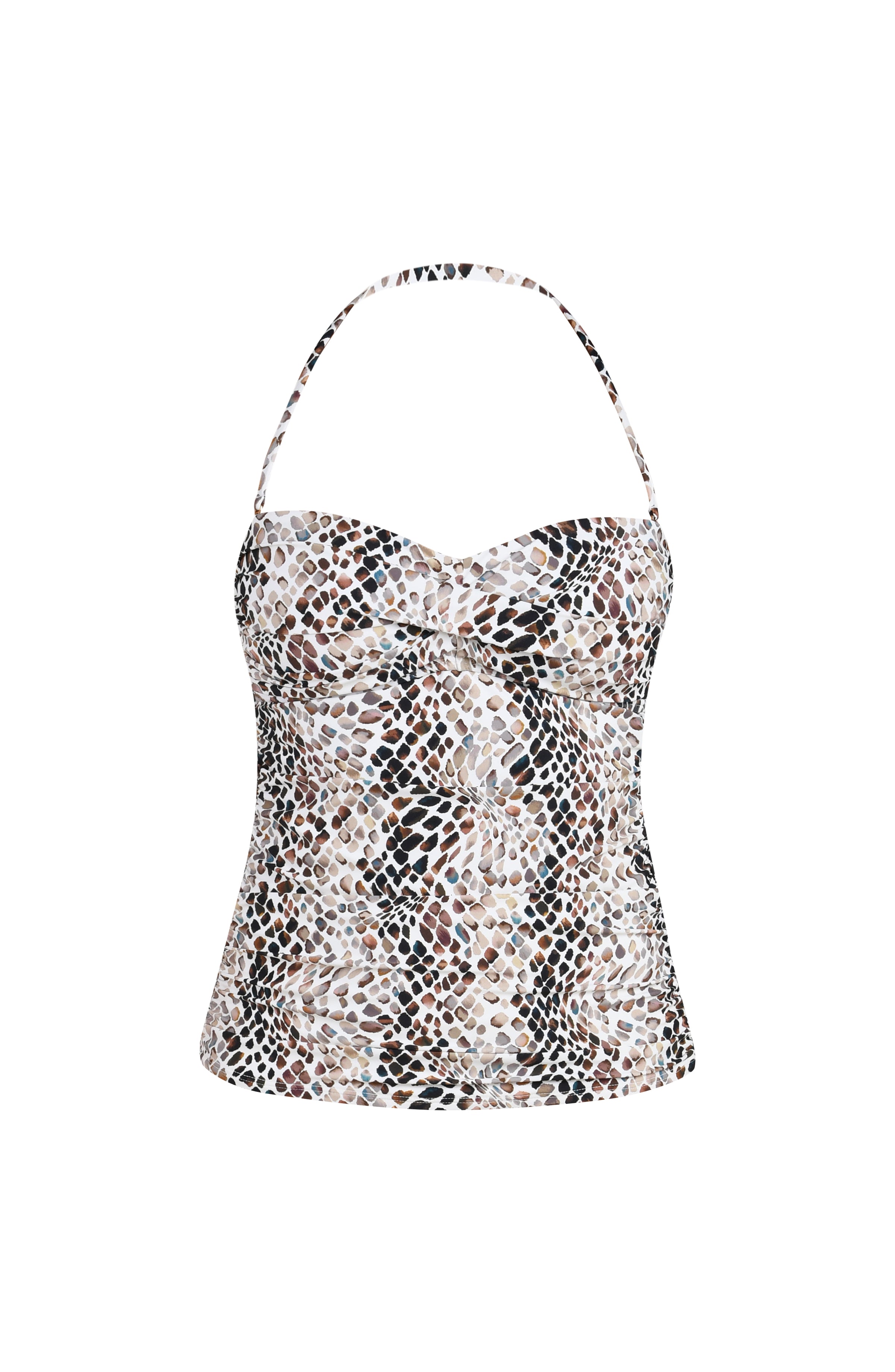 Floating image of a bandeau-style one-piece swimsuit with a removable halter strap in a multicolor animal print pattern.