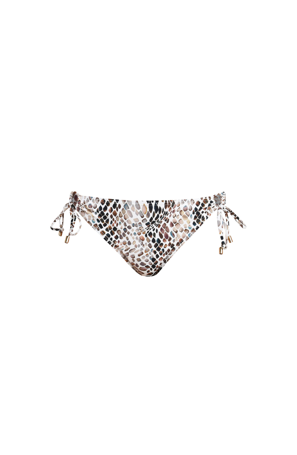 Floating image of bikini bottoms in a multicolor animal print with side ties and gold tip accents.