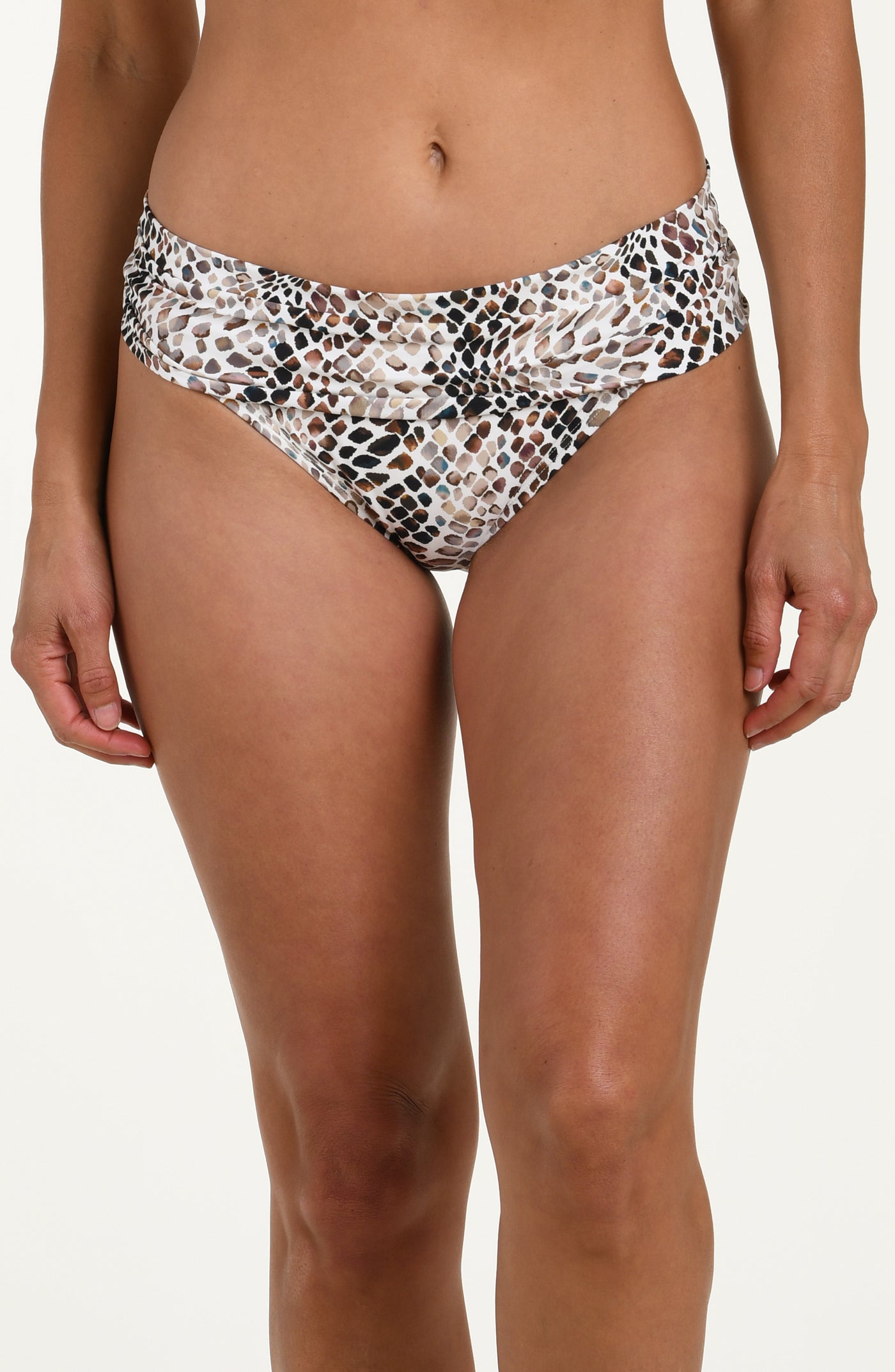 
                  
                    Front image of model wearing mid-rise bikini bottoms with a wide ruched waistband in a multicolor animal print pattern.
                  
                