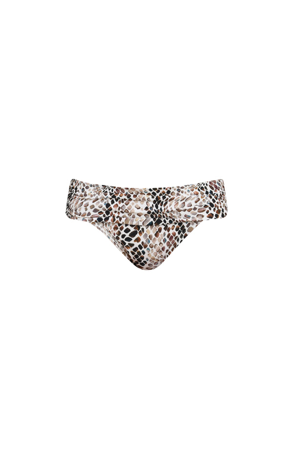 Floating image of mid-rise bikini bottoms with a wide ruched waistband in a multicolor animal print pattern.