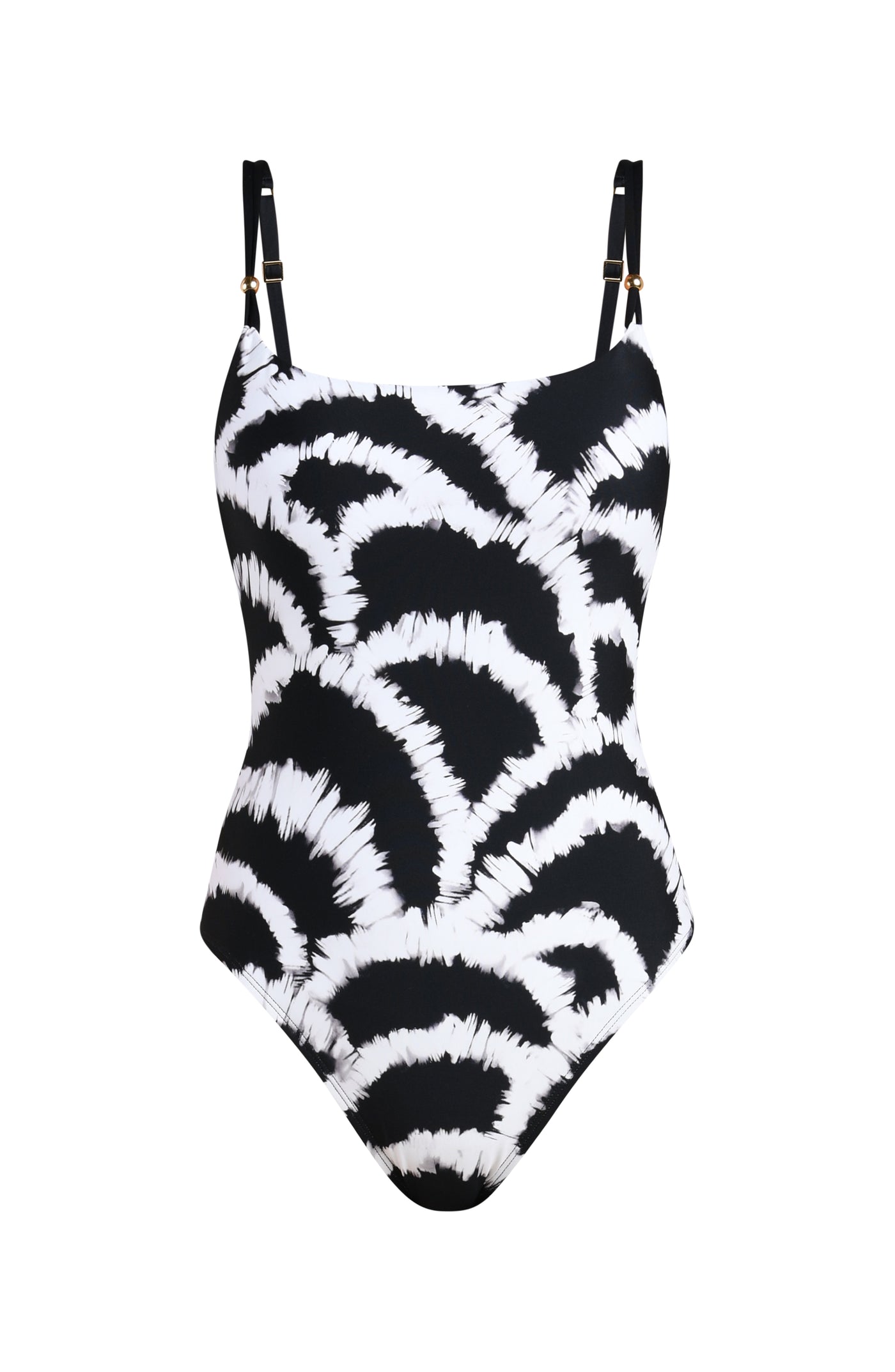 
                  
                    3D image of a black and white multicolored one piece swimsuit featuring a sleek, supportive fit with adjustable straps, removable cups, tummy control. and moderate coverage. 
                  
                