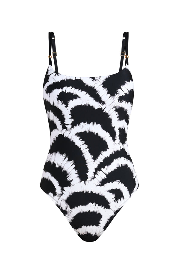 3D image of a black and white multicolored one piece swimsuit featuring a sleek, supportive fit with adjustable straps, removable cups, tummy control. and moderate coverage. 