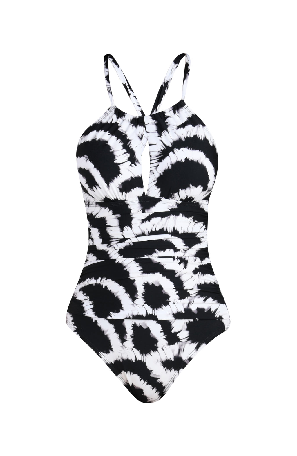 3D image of a black and white multicolored one piece swimsuit featuring a supportive, flattering fit with adjustable crisscross straps and a tie-back detail.