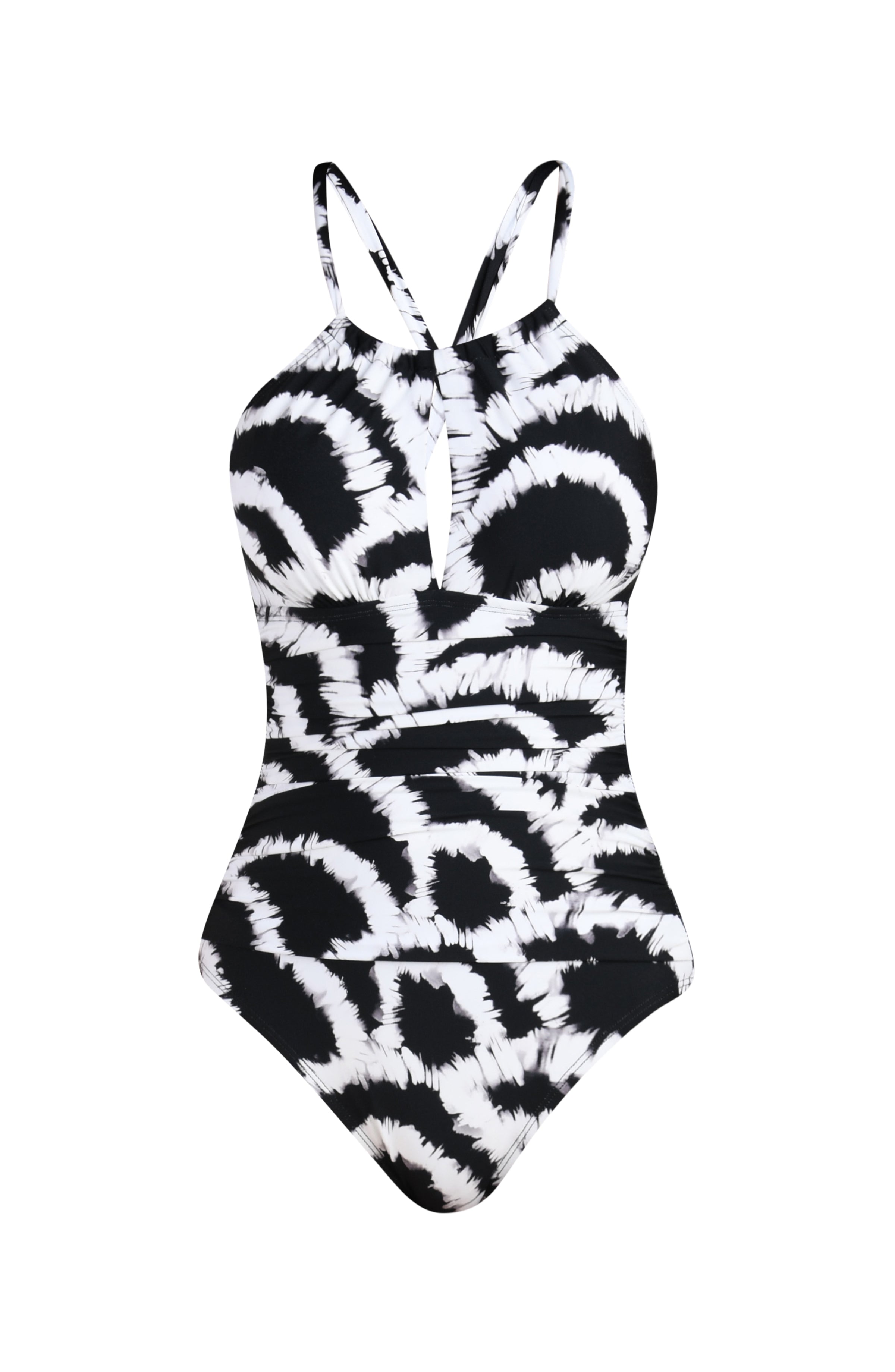 3D image of a black and white multicolored one piece swimsuit featuring a supportive, flattering fit with adjustable crisscross straps and a tie-back detail.