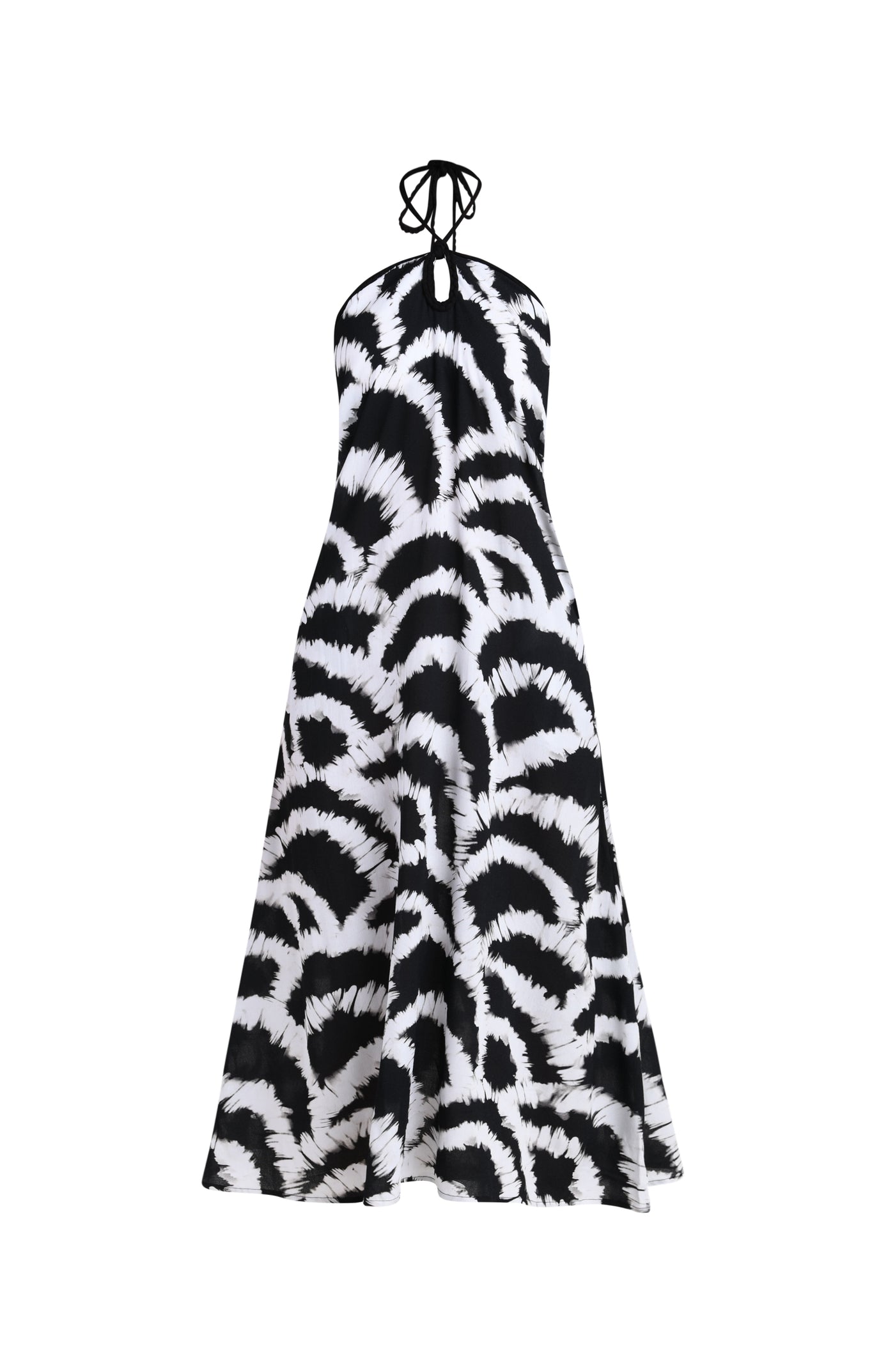 
                  
                    3D image of a black and white multicolored maxi dress cover-up featuring a loose, flowy fit with a halter neckline and lightweight fabric.
                  
                