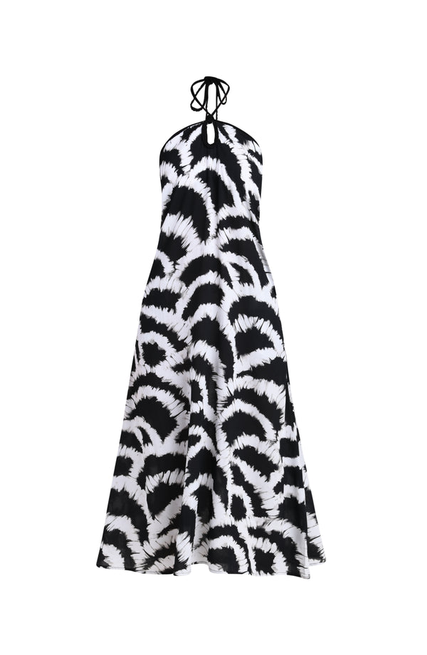 3D image of a black and white multicolored maxi dress cover-up featuring a loose, flowy fit with a halter neckline and lightweight fabric.