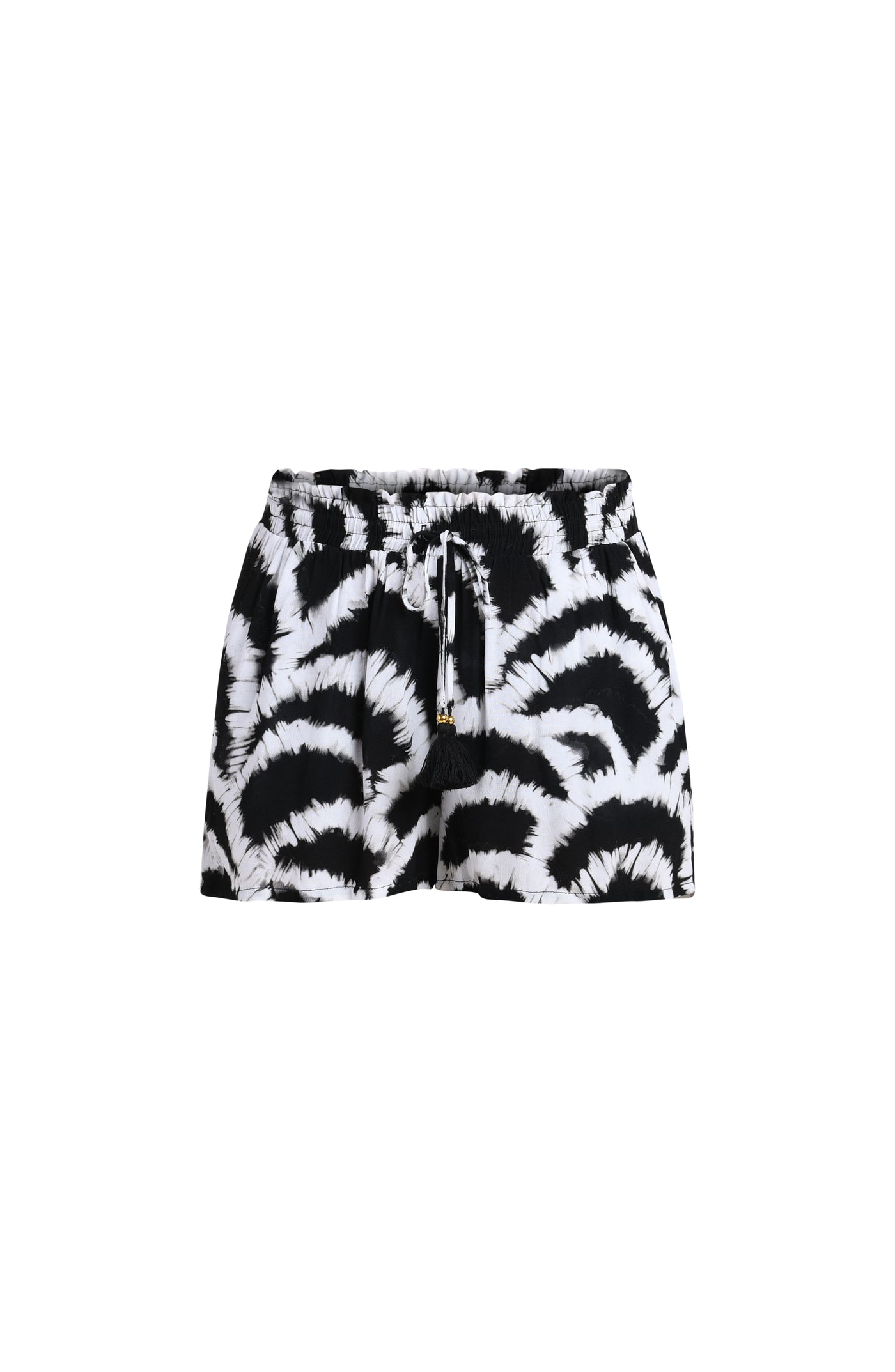
                  
                    3D image of a black and white multicolored cover up short featuring a relaxed, flowy fit with a soft elastic waistband and adjustable drawstring. 
                  
                
