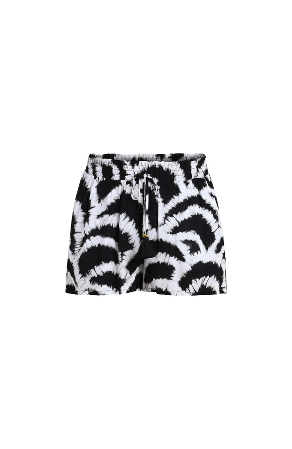 3D image of a black and white multicolored cover up short featuring a relaxed, flowy fit with a soft elastic waistband and adjustable drawstring. 