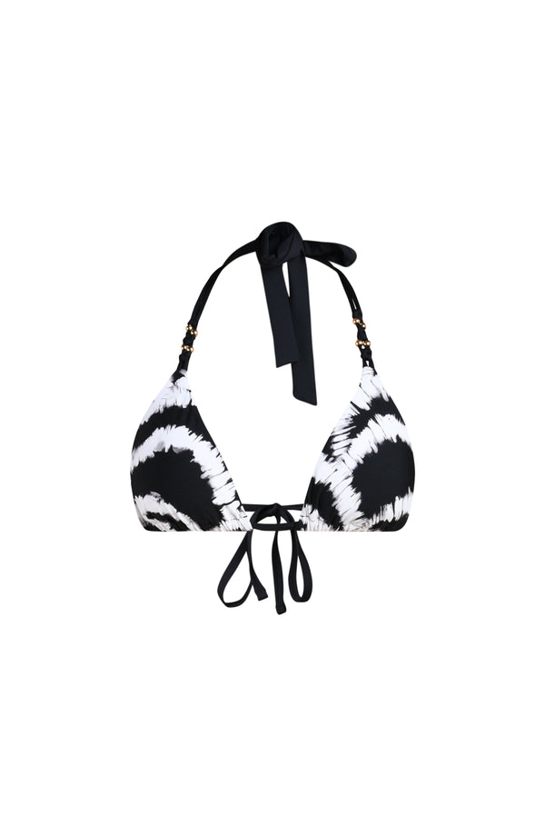 3D image of a black and white multicolored bikini top featuring an adjustable halter fit with soft cups and tie closures. 