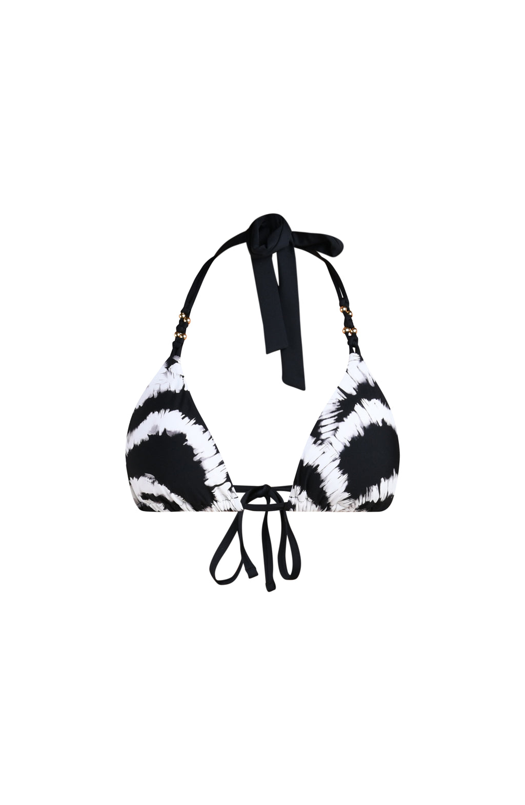 3D image of a black and white multicolored bikini top featuring an adjustable halter fit with soft cups and tie closures. 