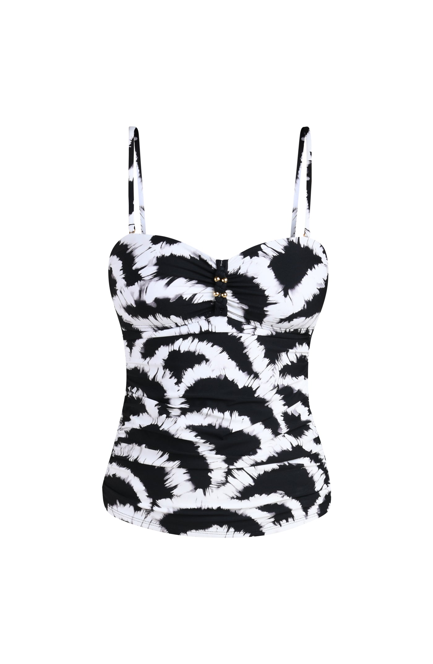 
                  
                    3D image of a black and white multicolored tankini top featuring a supportive, body-hugging fit with removable straps and gentle ruching for a flattering, comfortable silhouette. 
                  
                