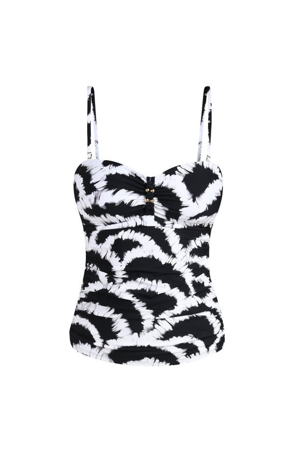 3D image of a black and white multicolored tankini top featuring a supportive, body-hugging fit with removable straps and gentle ruching for a flattering, comfortable silhouette. 