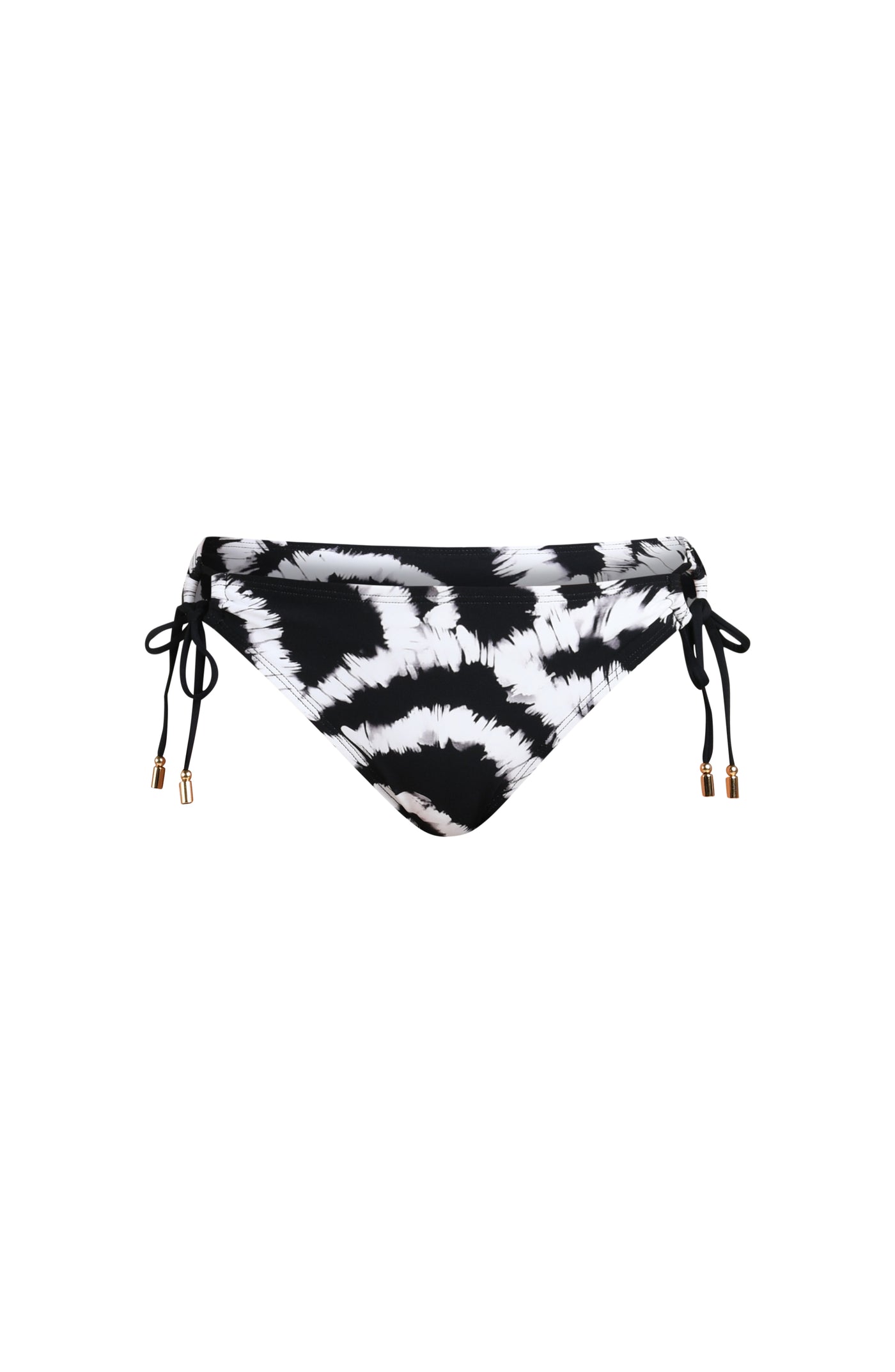 
                  
                    3D image of a black and white multicolored bikini bottom featuring adjustable side ties and moderate coverage. 
                  
                