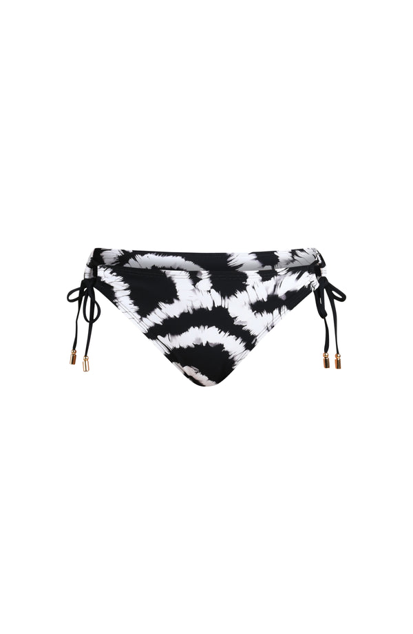 3D image of a black and white multicolored bikini bottom featuring adjustable side ties and moderate coverage. 