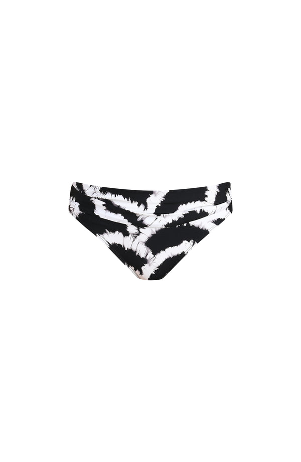 3D image of a black and white multicolored bikini bottom featuring a mid-rise fit with a fold-over waistband. 