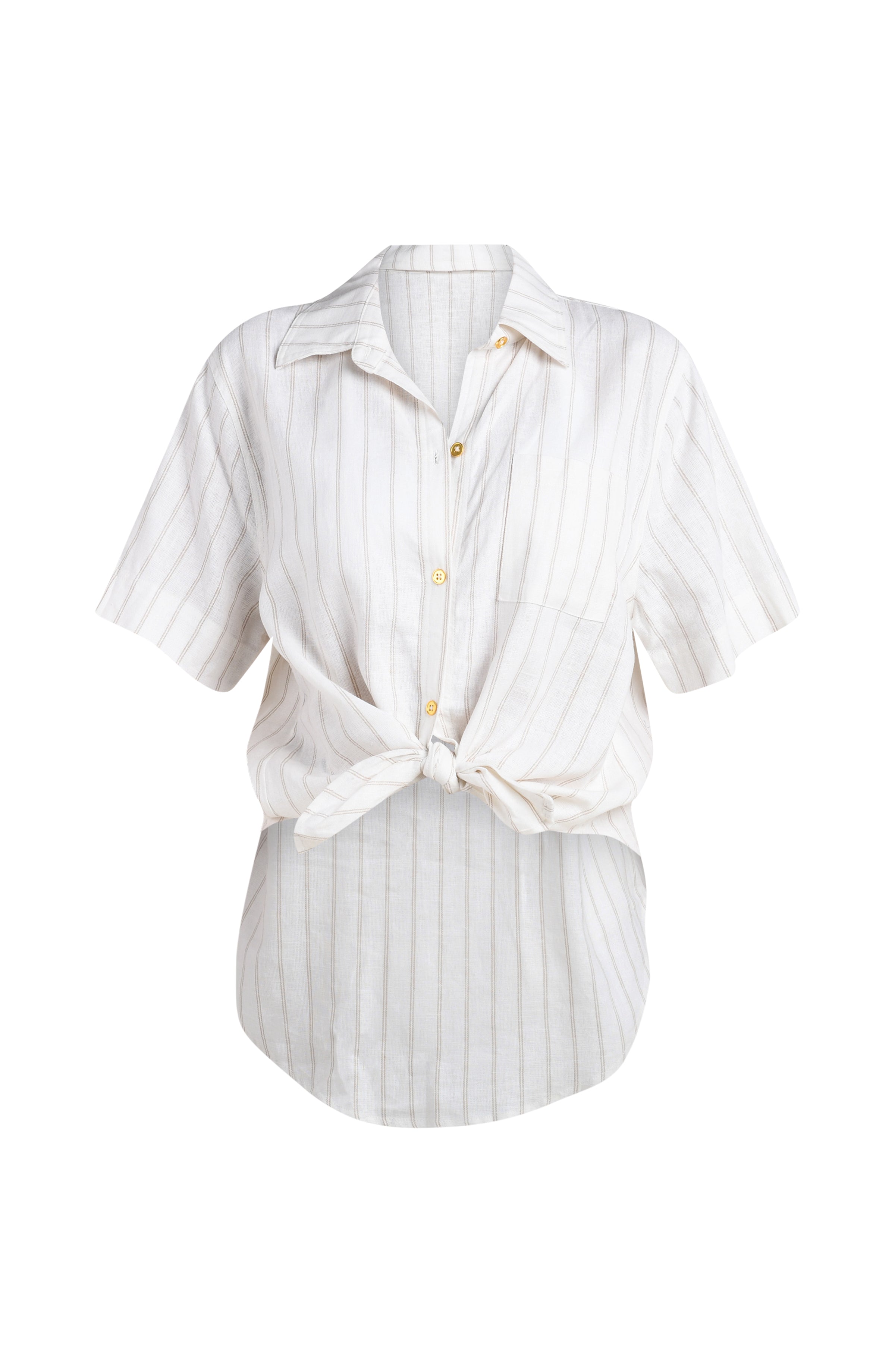 Floating image of a cream striped colored short-sleeve cover-up shirt with button front, chest pocket, and tie-front waist.
