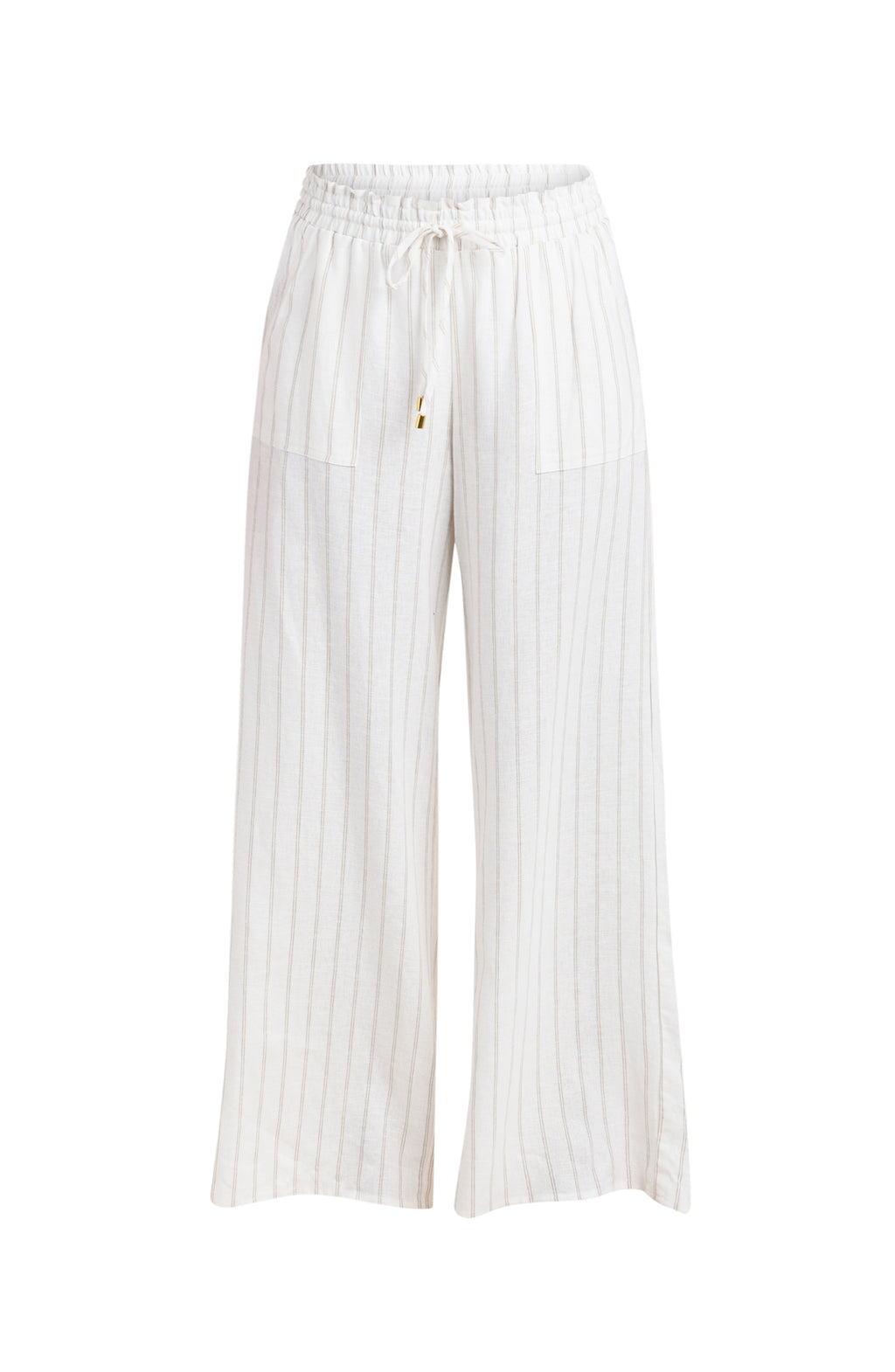 Floating image of a cream striped colored wide-leg beach pants with a relaxed fit, drawstring waistband, and pockets.