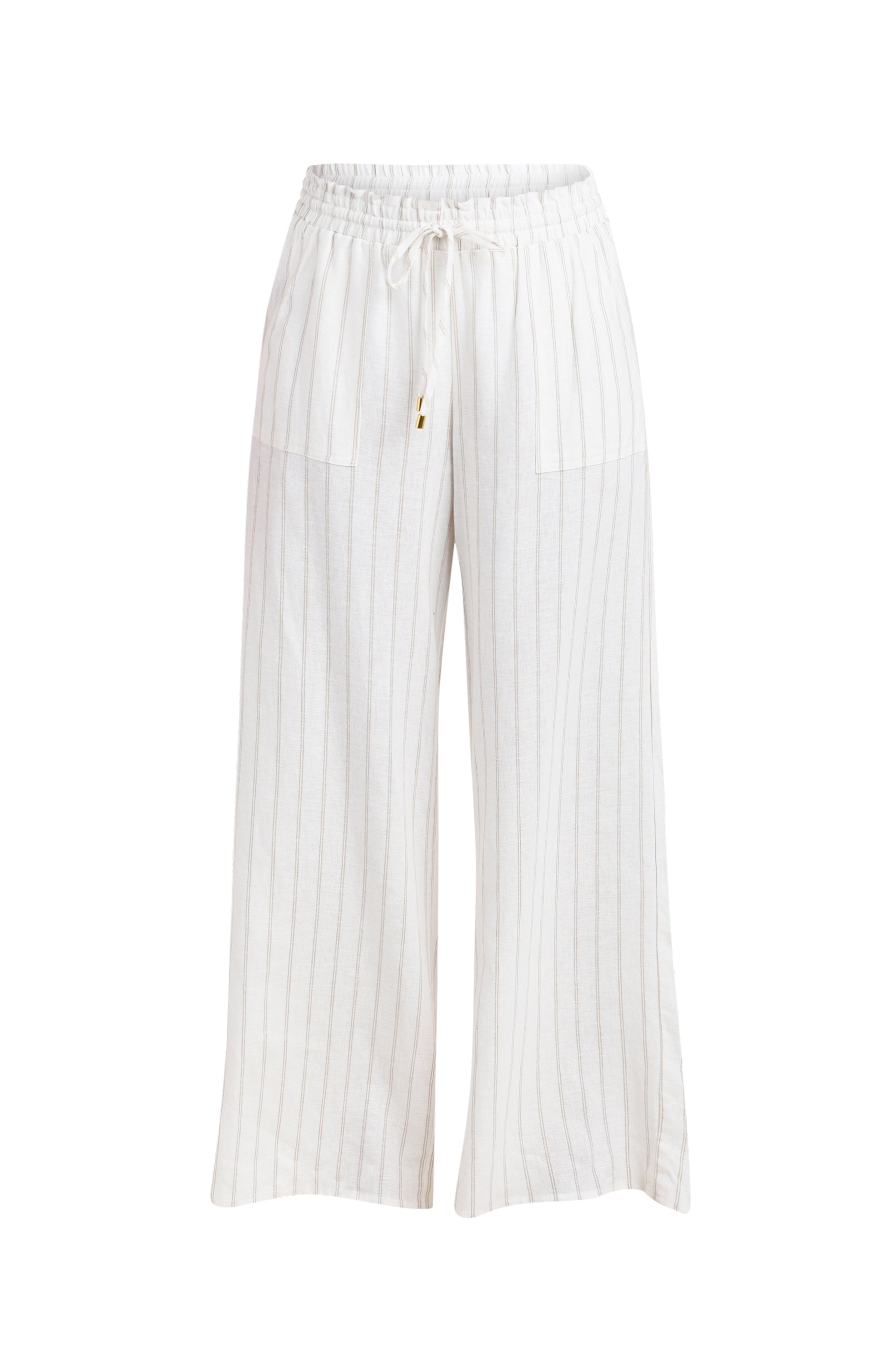 Floating image of a cream striped colored wide-leg beach pants with a relaxed fit, drawstring waistband, and pockets.